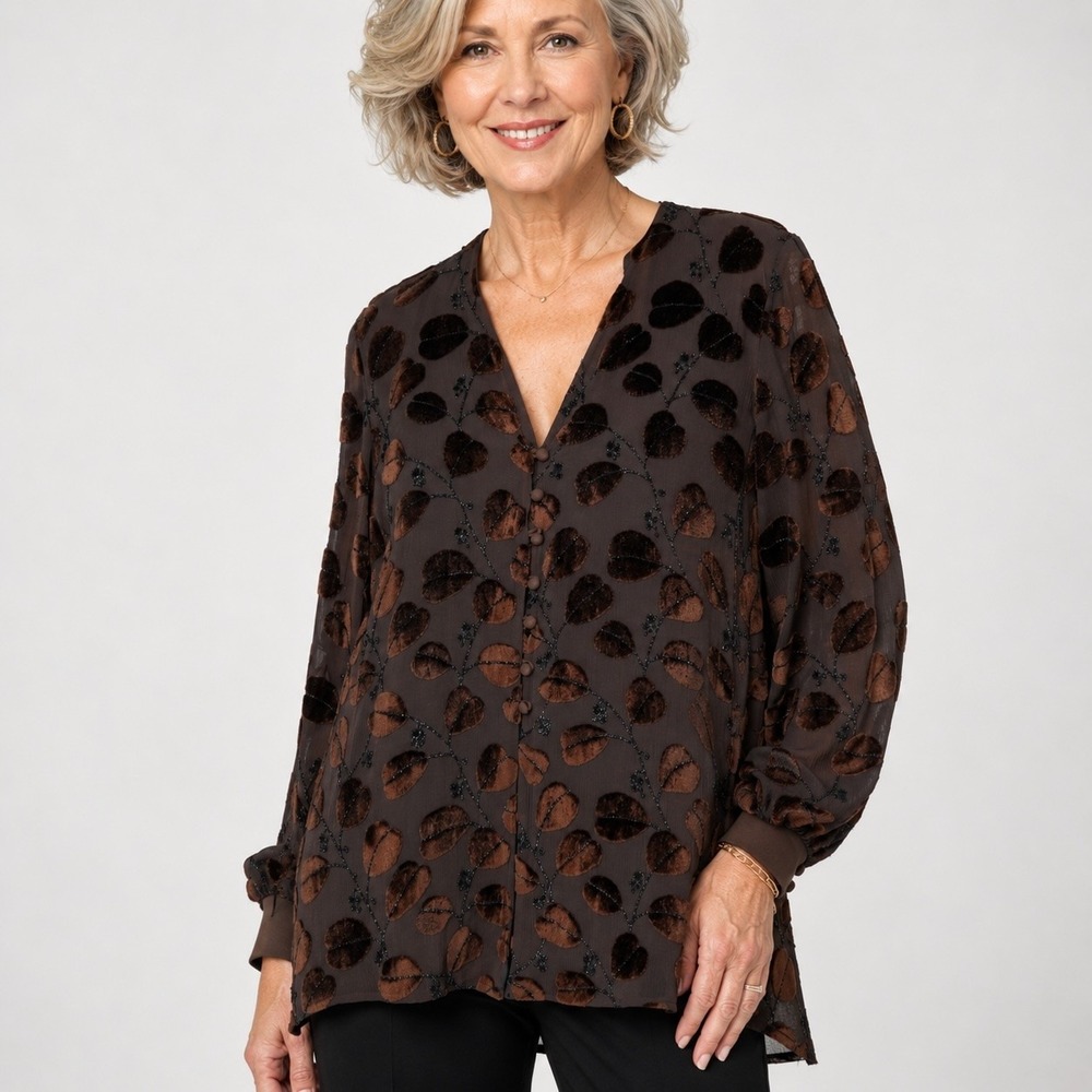 Mark Heister Button Up Blouse Womens M Brown Velvet Leaf Glitter Evening Party